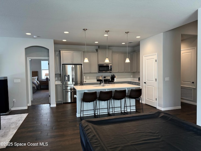 kitchen with appliances with stainless steel finishes, decorative light fixtures, sink, gray cabinetry, and a kitchen island with sink