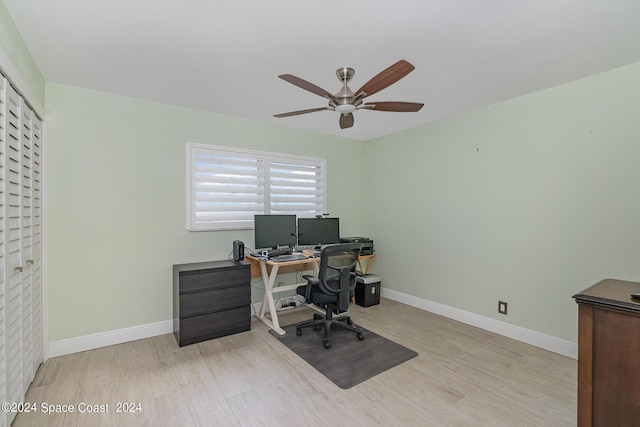 office space featuring ceiling fan and light hardwood / wood-style flooring