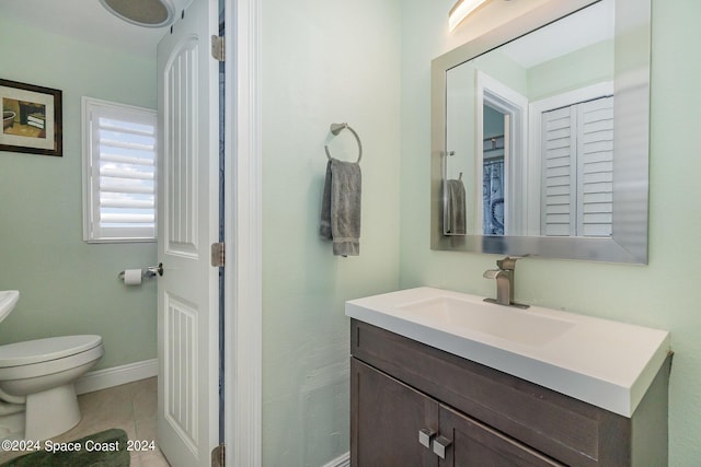 bathroom featuring toilet, tile patterned floors, and vanity