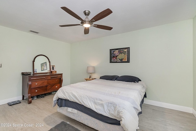 bedroom with ceiling fan and light hardwood / wood-style floors