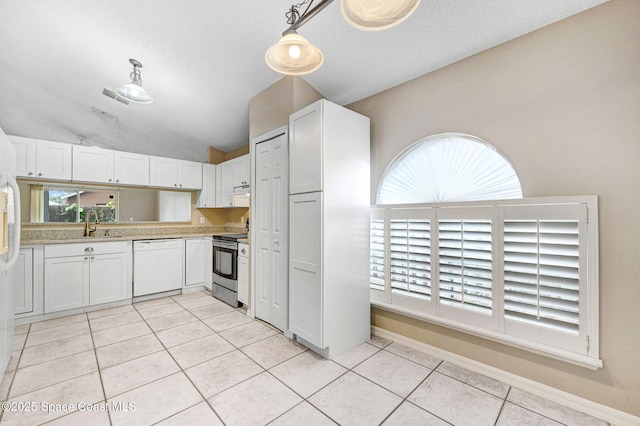 kitchen with stainless steel range with electric cooktop, white dishwasher, decorative light fixtures, and white cabinetry