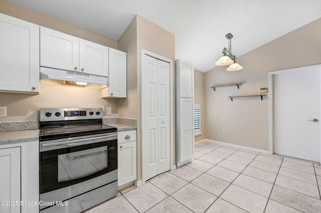 kitchen with decorative light fixtures, white cabinets, stainless steel range with electric cooktop, and light tile patterned floors