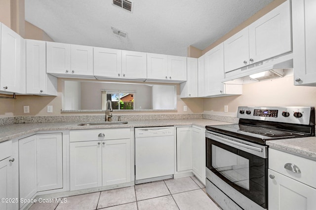 kitchen with white dishwasher, white cabinetry, stainless steel electric range, and sink