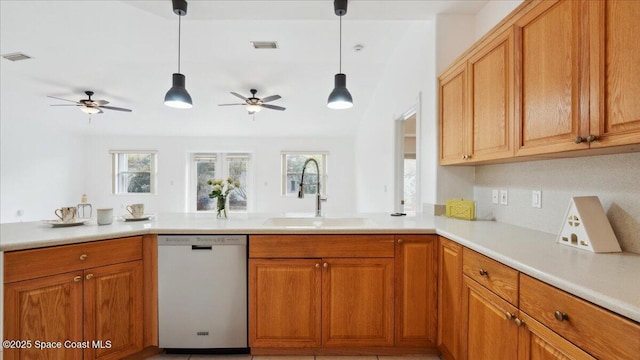 kitchen with ceiling fan, dishwasher, pendant lighting, and sink