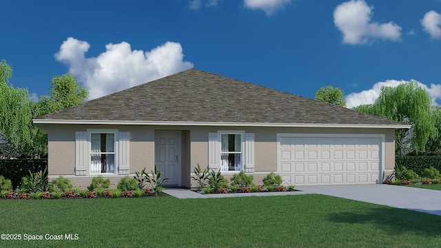 view of front of property with a front lawn and a garage