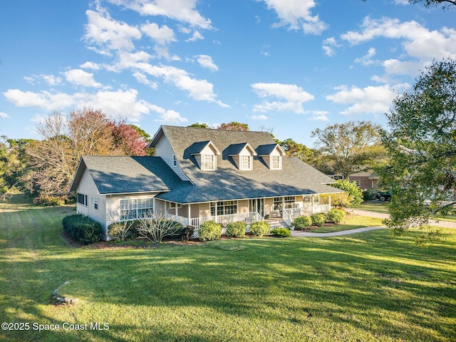 cape cod home featuring covered porch and a front yard