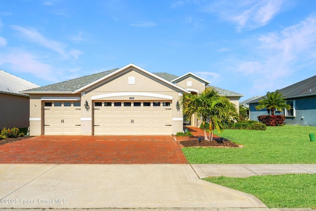 view of front facade with a garage and a front lawn