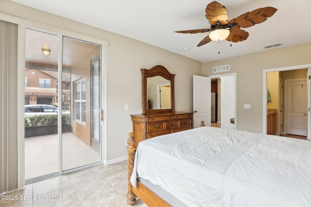 bedroom featuring ceiling fan and access to exterior