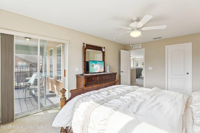 carpeted bedroom with access to exterior and ceiling fan