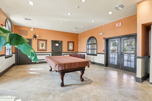 playroom featuring french doors and billiards