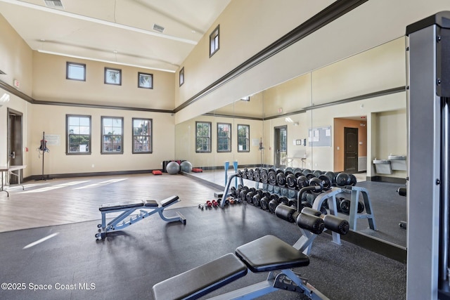 gym featuring a towering ceiling and hardwood / wood-style flooring