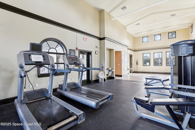 workout area with vaulted ceiling