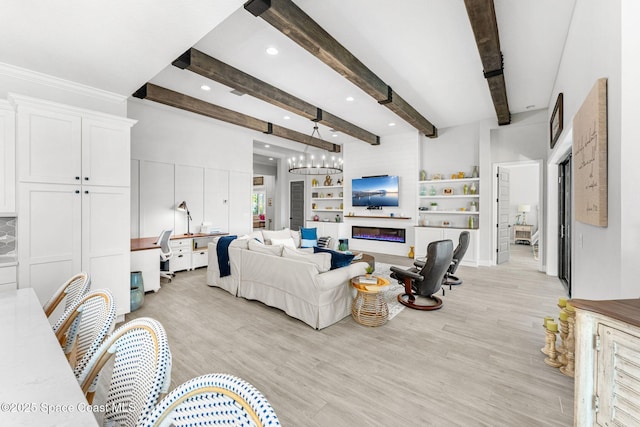 living room with beamed ceiling and light wood-type flooring