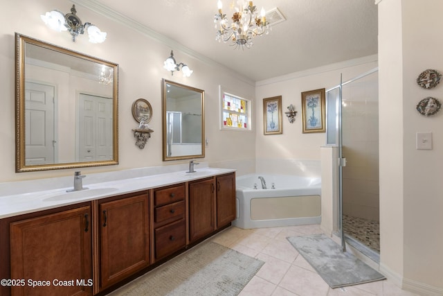 bathroom featuring tile patterned flooring, vanity, shower with separate bathtub, a notable chandelier, and crown molding