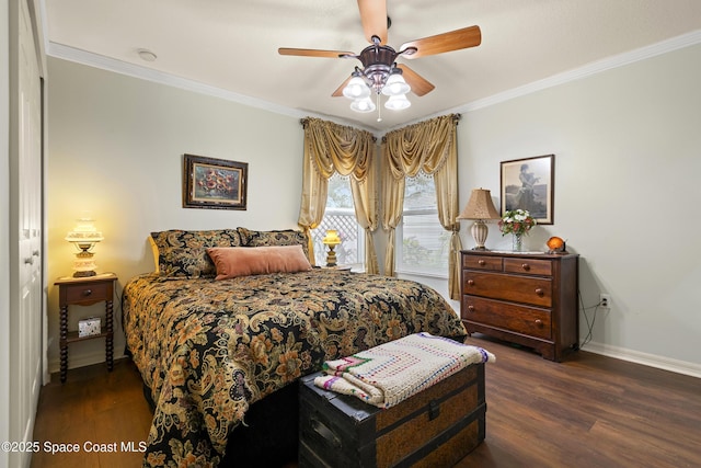 bedroom with ceiling fan, dark hardwood / wood-style flooring, and ornamental molding