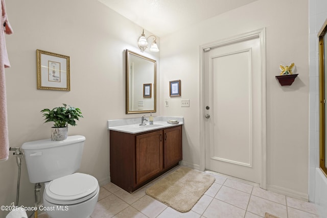 full bathroom with tile patterned floors, vanity, shower / bath combination, toilet, and a notable chandelier