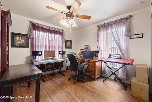 office featuring ceiling fan, ornamental molding, and light hardwood / wood-style floors