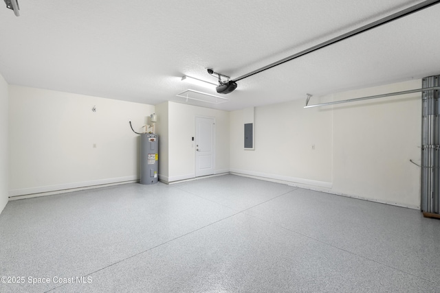 garage featuring electric water heater, a garage door opener, and electric panel