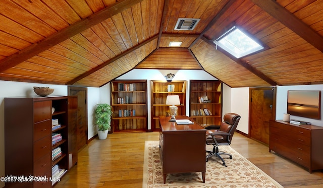 office space featuring wood ceiling, light hardwood / wood-style flooring, and vaulted ceiling with beams