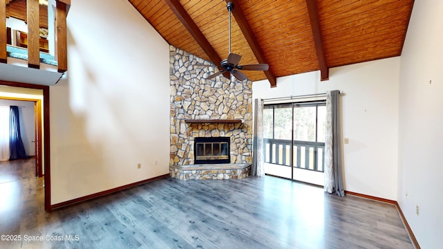 unfurnished living room featuring beamed ceiling, hardwood / wood-style floors, a fireplace, wood ceiling, and high vaulted ceiling