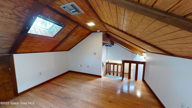 additional living space with wood ceiling, light wood-type flooring, and vaulted ceiling with skylight