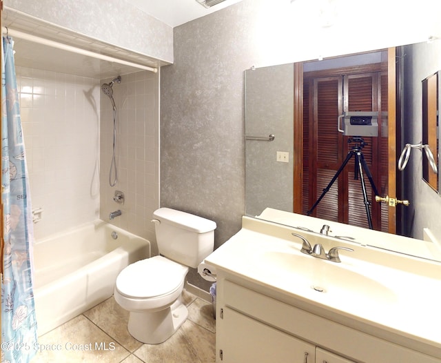 full bathroom with toilet, tile patterned flooring, shower / bathtub combination with curtain, and vanity