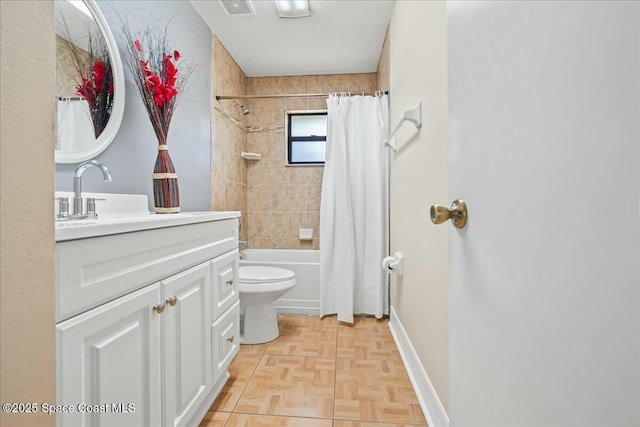 full bathroom with toilet, shower / bathtub combination with curtain, vanity, and parquet flooring