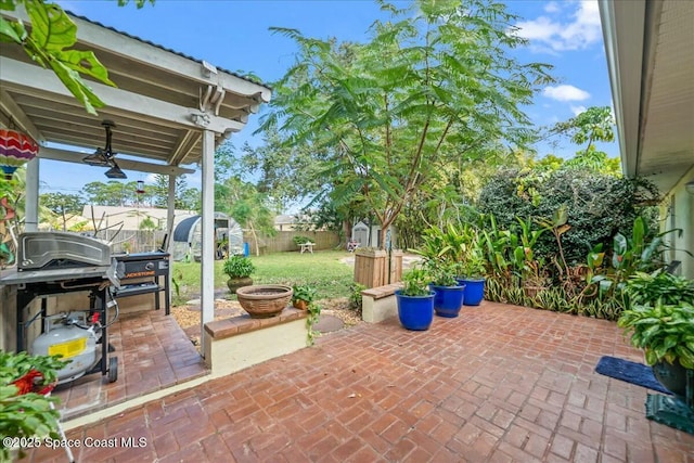 view of patio / terrace with a grill and a storage shed