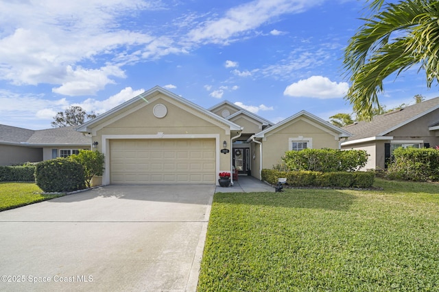 ranch-style house featuring a front lawn and a garage