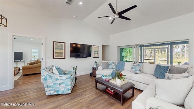 living room with wood-type flooring, a wealth of natural light, and high vaulted ceiling