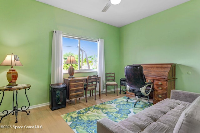 home office featuring ceiling fan and light wood-type flooring