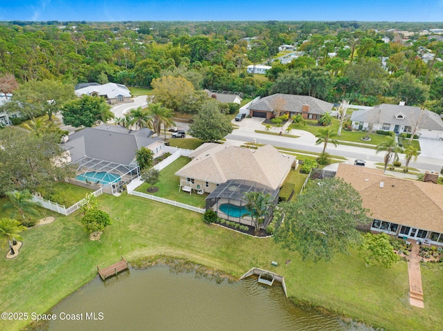 drone / aerial view featuring a water view