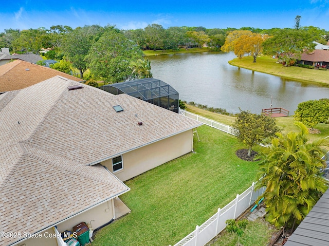 drone / aerial view featuring a water view