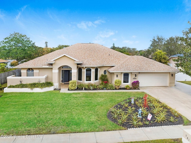 ranch-style home featuring a garage and a front lawn