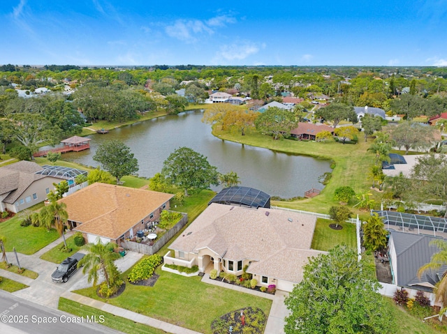 drone / aerial view featuring a water view