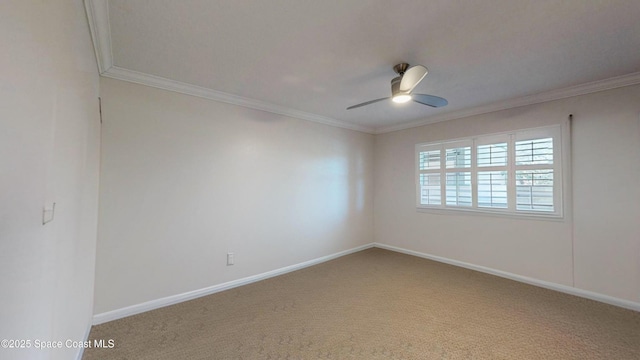 unfurnished room with carpet floors, ornamental molding, and ceiling fan