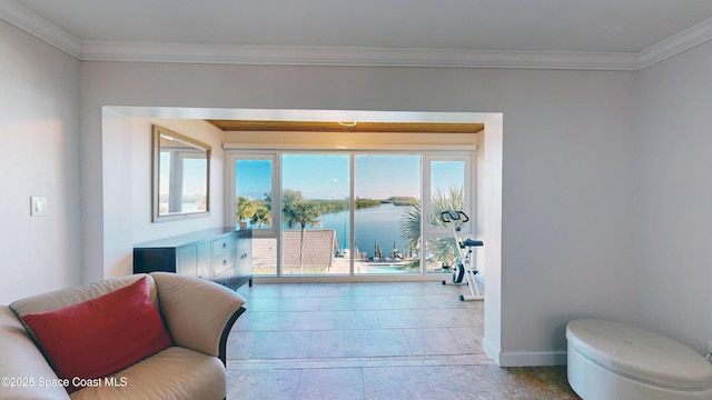 living room with crown molding and a water view