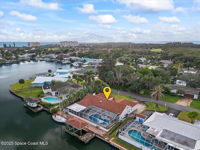 aerial view with a water view