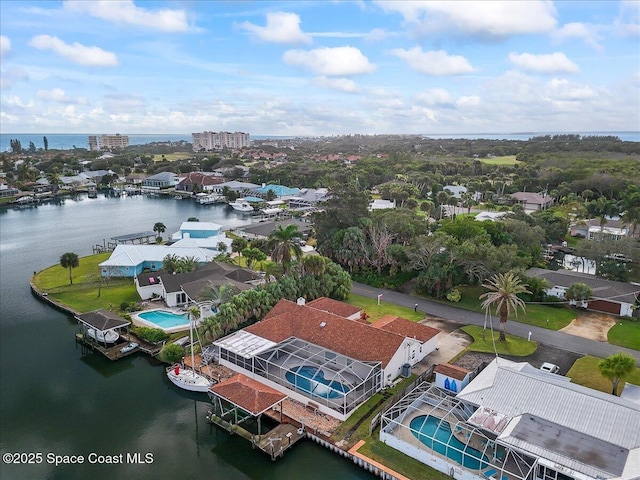 bird's eye view featuring a water view