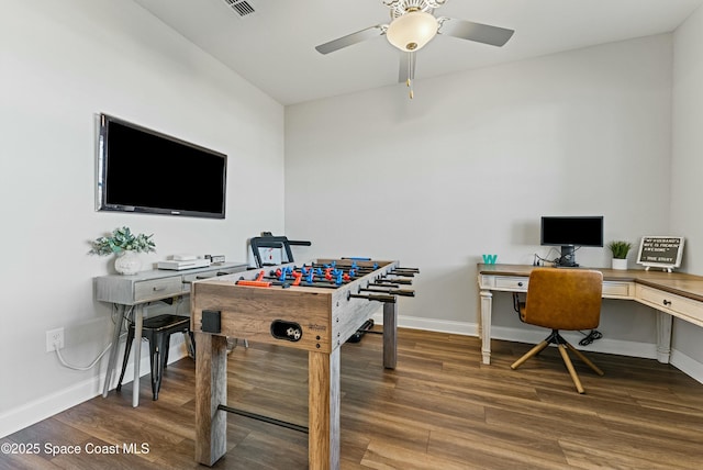 recreation room featuring ceiling fan and wood-type flooring