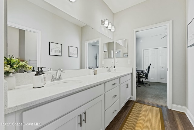 bathroom featuring vanity and hardwood / wood-style flooring