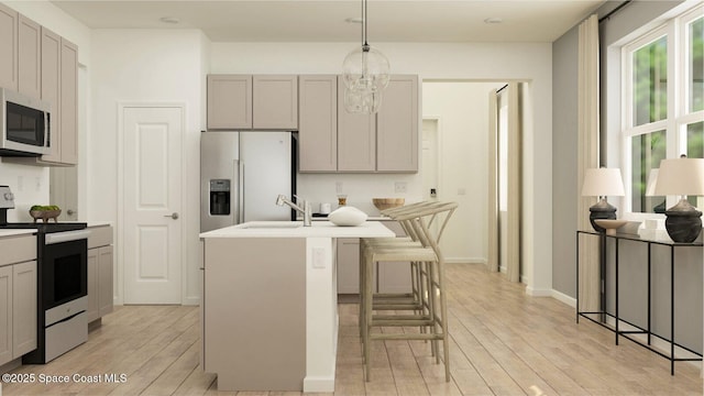 kitchen featuring appliances with stainless steel finishes, pendant lighting, a kitchen island with sink, and a kitchen bar