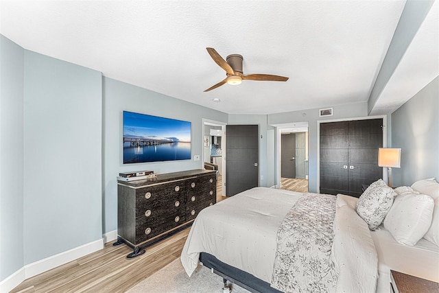 bedroom with ceiling fan and light wood-type flooring