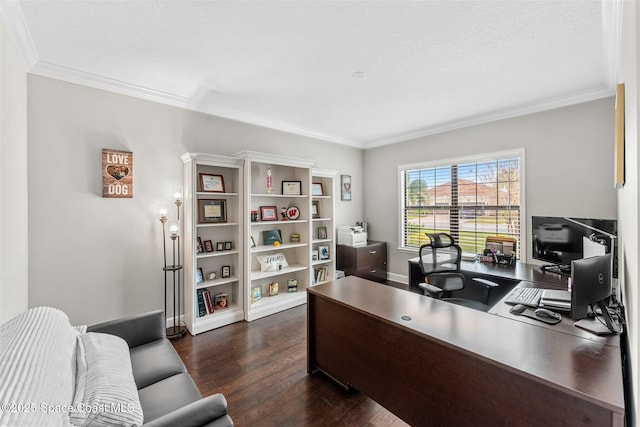 home office with crown molding and dark hardwood / wood-style floors