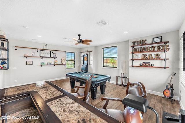 rec room with wood-type flooring, ceiling fan, and billiards