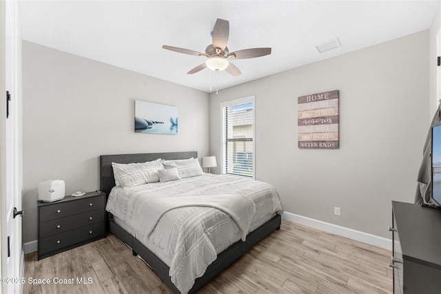 bedroom with ceiling fan and light hardwood / wood-style floors