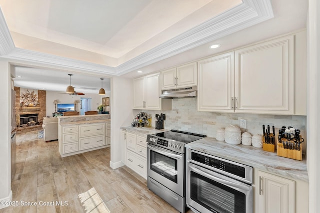 kitchen with tasteful backsplash, a brick fireplace, a tray ceiling, stainless steel appliances, and under cabinet range hood