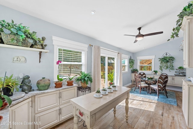 interior space featuring lofted ceiling and a ceiling fan