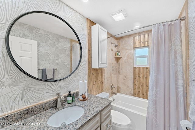 full bathroom featuring toilet, shower / bathtub combination with curtain, visible vents, and vanity