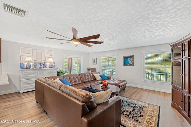 living room featuring light wood-type flooring, a healthy amount of sunlight, visible vents, and a textured ceiling